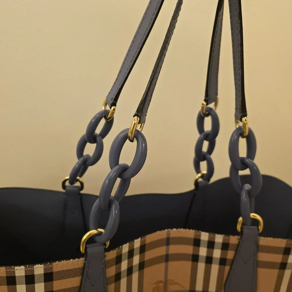 Burberry Medium Reversible Tote Haymarket Check Canvas & Slate Blue Leather